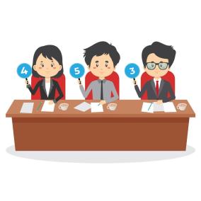 judge-group-shows-scorecards-with-assessment-opinion-score-free-vector